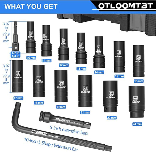 16PCS 1/2 In Drive Thicker Impact Socket Set, High Durability Industrial Grade Deep Metric Sizes Sockets Sets, with L Handle 5 In Extension Bars & Drill Socket Adapter with Premium Organizer