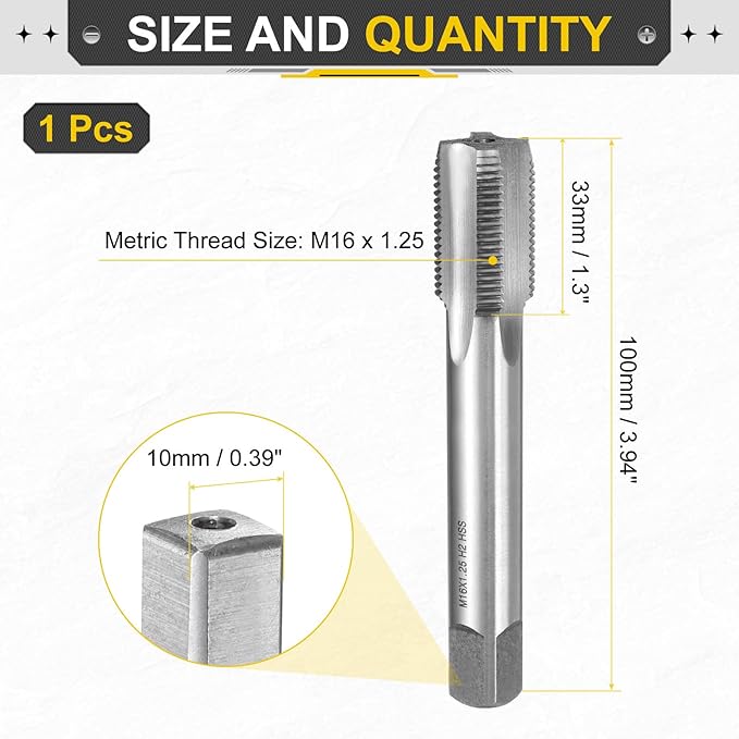 uxcell Hand Plug Tap M16 x 1.25 H2 Metric Thread Plug Style Taps Straight Flute Screw Tapping Threading Tool High Speed Steel HSS6542