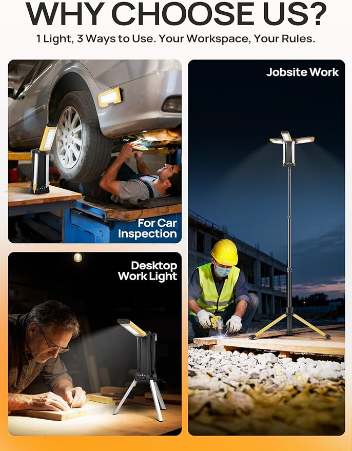 10000mAh Rechargeable LED Work Light with Stand, 3200 Lumens 4.8ft Telescoping Tripod, 2 Detachable Magnetic Lamp Panels, Cordless Garage Workshop Light for Car Repair Inspection Jobsite