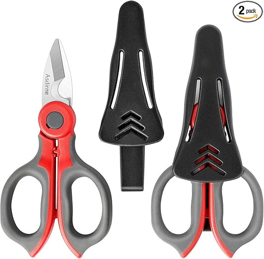 2 Pack Electrician Scissors, Heavy Duty Stainless Steel Sharp Blades and Soft Rubber Grip, Electrician Shears with Protective Cover, 6.1 Inch (Gray/Red)