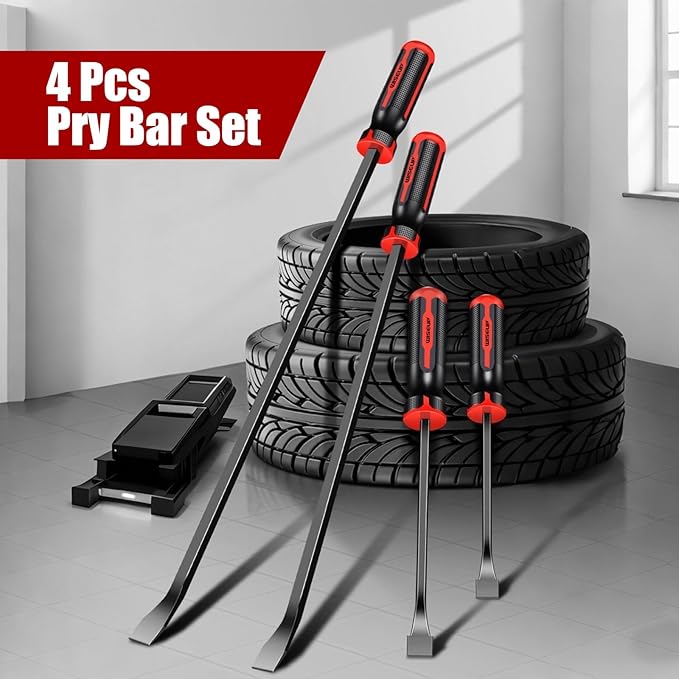 WISEUP 4-Piece Pry Bar Set竊?",12",18",24" Heavy Duty Crowbar with Thicker Strike Caps for Prying竊똃emolition竊똀utomotive Mechanic Hand Tools