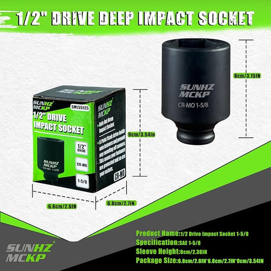 SUNHZMCKP 1/2 Inch Drive Impact Socket, SAE 1-5/8 In Deep 6 Point Socket, CR-MO, Axle Nut Impact Grade Socket for Easy Removal