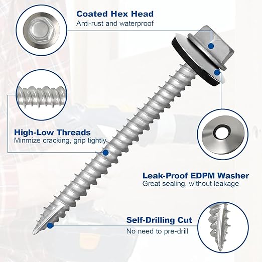 Metal Roofing Screws #10×1-1/2Inch, 1000-PCS, Hex Head Rustpert Coating Sheet Metal to Wood Siding Screw with EPDM Rubber Washer, Sharp Point, Hex Socket Included