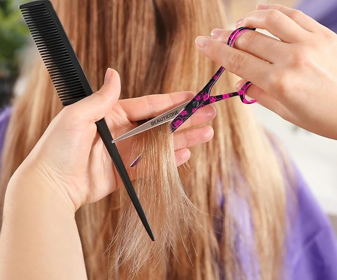 BEAUTICONE 짰 Hair Cutting Scissors - High Carbon SS 6.5" Professional Barber-Grade Salon Shears with Serrated & Razor Edge - Black Premium Gift Box with Leather Pouch & Extra Accs - Ultra Lightweight