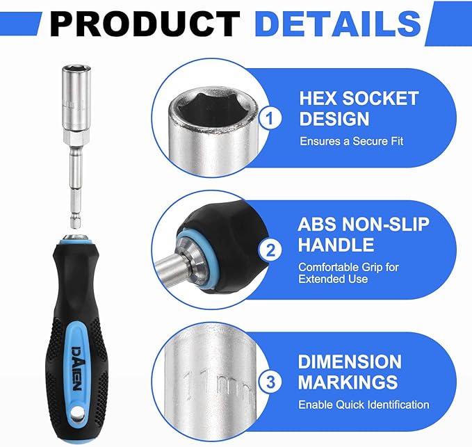 HARFINGTON Metric Nut Driver 11mm CR-V Non-Magnetic Detachable Tip Hollow Shafts Hex Socket Screwdriver with Anti-Slip Handle for Automobile Repair Bit Driver, Blue/Black