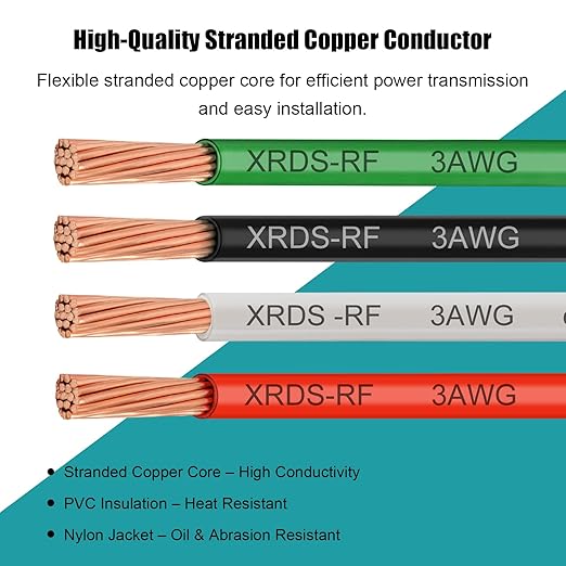 XRDS -RF 3AWG THHN Electrical Wire 25FT ??Stranded Bare Copper Conductor with PVC and Nylon Insulation, Heat and Oil Resistant Cable for Indoor & Outdoor Wiring
