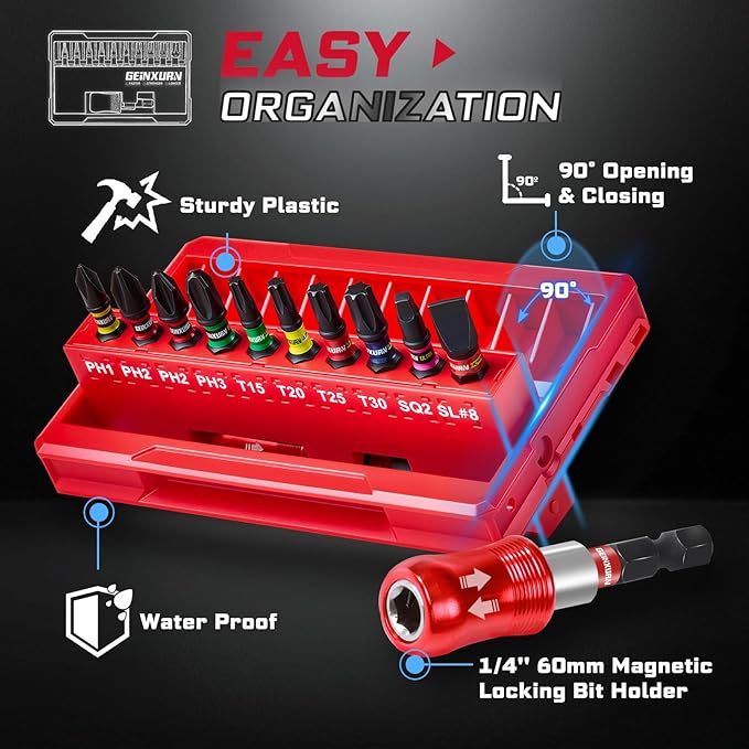11Pieces Impact Screwdriver Bits Set, Magnetic S2 Steel 1??Phillips/Square/Torx/Slotted Insert Bits Tips,Impact Bit Holder with Rotating Storage Box Case