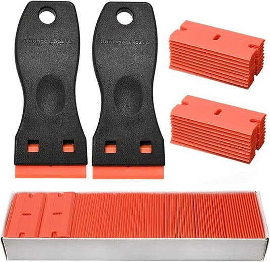 Sticker Scraper Tool Set include 120 Pcs 1.5 Inch Plastic Scraper Blades + 2 Pcs Plastic Razor Blade Scraper for Auto Vinyl Wrap Window Tint Glass Cleaning Adhesive Glue Paint Remove Plastic Scraper