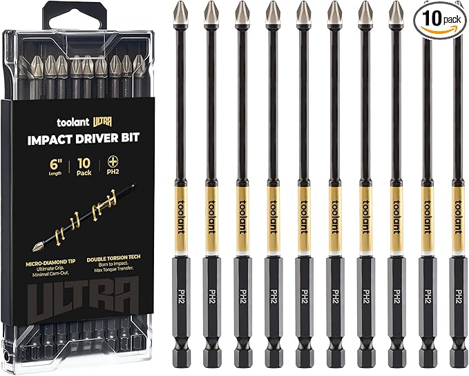 toolant 6 Inch Phillips Bit#2, Magnetic Anti Slip Impact Screwdriver Bits Set, 10pcs Impact Steel X2 PH2 Driver Dit Set with CNC Machined Tips for Impact Driver
