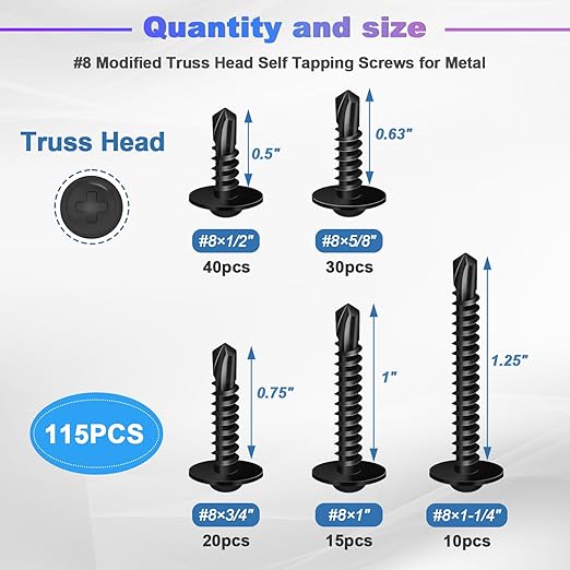 mxuteuk #8 Self Tapping Screws,410 Stainless Steel Self Tapping Screws for Metal,Modified Truss Head Self Drilling Screw (1/2",5/8",3/4",1",1-1/4") Sheet Metal Screw for Metal (115PCS)