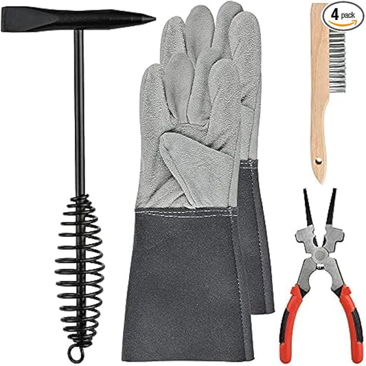 4-Piece Welding Slag Removal Tool Set - 10 Inch Chipping Hammer with Coil Spring Handle, Multi-Functional Pliers, Wire Brush, Welding Gloves