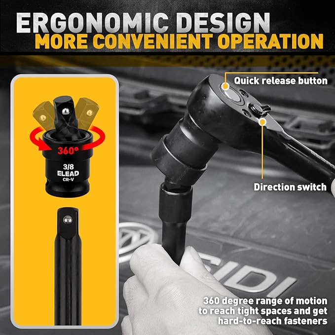 ELEAD 3/8" Drive Impact Socket Set, 96-Piece Deep & Shallow Socket Set Metric and Standard Full with Adapters, Ratchet Handle, Universal Joint, Extension Bar, Screwdriver Bit Sets, Spark Plug Sockets