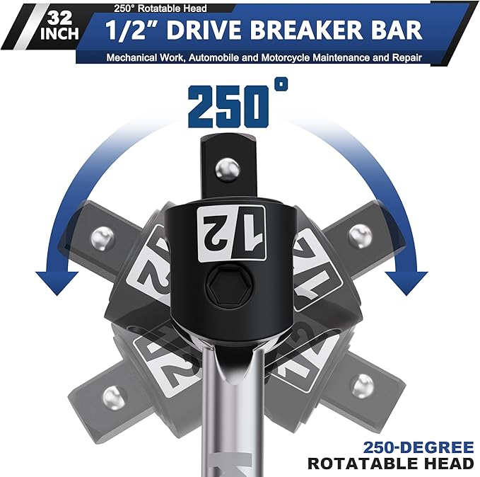 32-Inch 1/2??Drive Breaker Bar, Heavy Duty Extension Breaker Bar, 250째 Rotatable Head, Premium Chromium Molybdenum Steel, Mechanical Work, Automobile and Motorcycle Maintenance and Repair