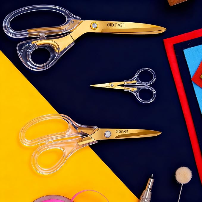 scissors all purpose, Titanium Coated Blades and Ergonomic Clear Handle, Clear Gold scissors for Office Desk, Modern Design for Craft, Sewing, fabric,Office/Gold