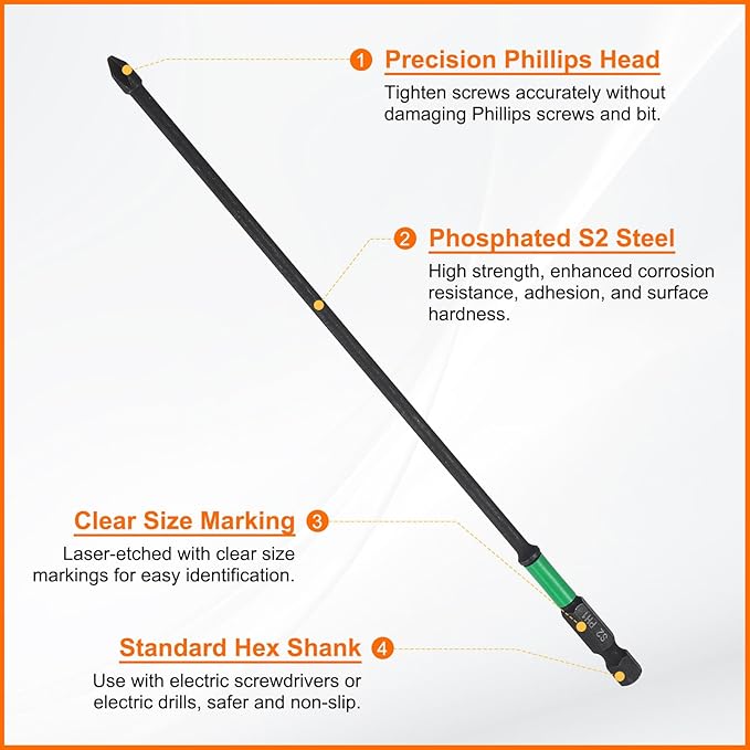 HARFINGTON 3pcs #1 Impact Phillips Screwdriver Bit PH1 1/4" Hex Shank 8" (200mm) Long 0.14" Rod Magnetic Cross Head Drill Bits S2 Steel Industrial Screw Driver for Impact Power Drivers