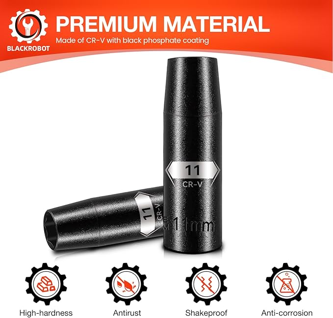 BLACKROBOT 1/2 Inch Drive 6-Point Deep Socket, 11mm Deep Impact Socket, CR-V Steel