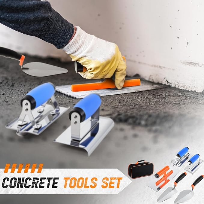 6pcs Concrete Hand Tools Set Masonry Tools Includes Stainless Steel Concrete Hand Edger, Groover, Finishing, Pointing, Gauging and Tool Bag for Cement Beginner Kit