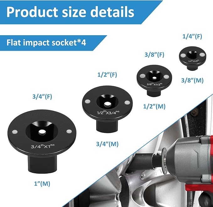 4Pcs Low Profile Impact Socket Adapter Set, Drive Ratchet Adapter Set, Magnetic Socket Adapters for Tight Space 3/4" to 1", 1/2" to 3/4", 1/2" to 3/8", 1/4" to 3/8", Standard Drive Size Converter Kit