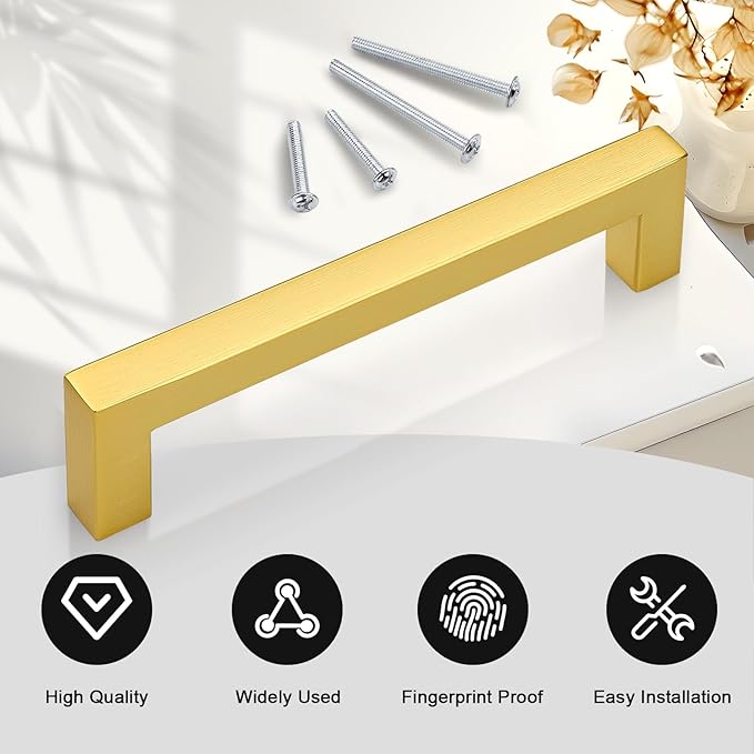 Probrico 10 Pack Gold Cabinet Pulls Square Kitchen Cabinet Hardware 5 Inch(128mm) Hole Center Modern Drawer Handles Stainless Steel Golden Drawer Pulls for Cupboard