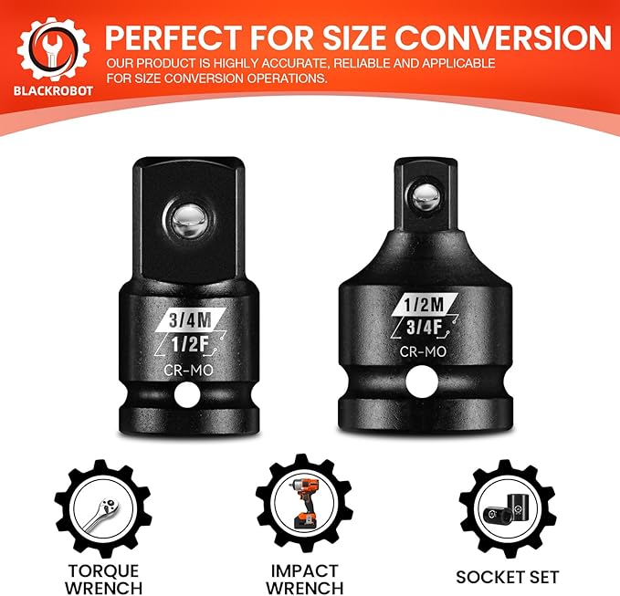 BLACKROBOT 2PCS Impact Socket Adapter and Reducer Set, 1/2" to 3/4" & 3/4" to 1/2" Socket Adapter Set, SAE Drive Cr-Mo Steel Exceeds ANSI Standards, Square Drive Adapter for Impact Driver Wrench