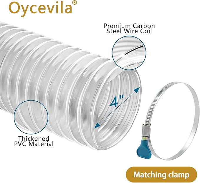 4" x 20' Dust Collection Hose, Flexible Clear PVC Fume Collection Hose with Carbon Steel Wire Coil for Dust Collectors by Oycevila