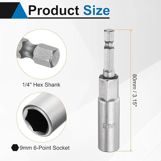 HARFINGTON 2pcs Nut Driver Drill Bit 9mm Metric Socket 1/4" Hex Shank 3.15" (80mm) Long 6-Point Sockets Quick Change CR-V Steel Bolt Setters for Power Drill Drivers