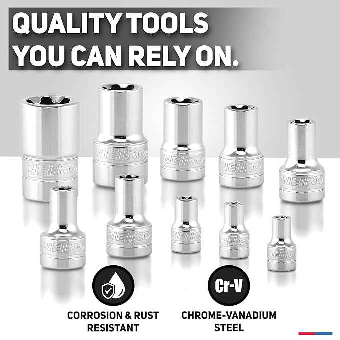 Neiko 02473A External Torx Plus Socket Set,10 Piece | 1/4-Inch EP6 - EP8, 3/8-Inch EP10 - EP16, 1/2-Inch Square Drive EP18 and EP24 | CR-V Steel