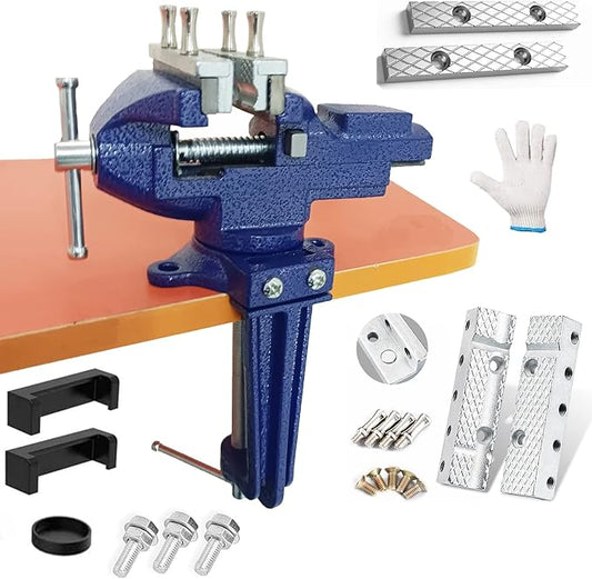 MYTEC Bench Vise or Table Vise, multifunctional jaw, multi-functional Combined Vise with Quick Adjustment, Universal Rotate 360째 Work Clamp-On Vise, 3.3" blue