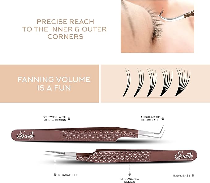 SIVOTE Lash Extension Tweezers Fiber Tips, Set of 4, Curved, Dolphin, 90 Degree & 45 Degree Tweezer, Chocolate