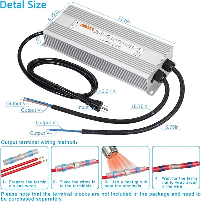 LED Driver 24V1200W Waterproof Power Supply AC 90-130V to DC 24V50A Low-Voltage Transformer IP67 Rated Converter Suitable for High-Power LED Lighting and Any 24V DC Equipment