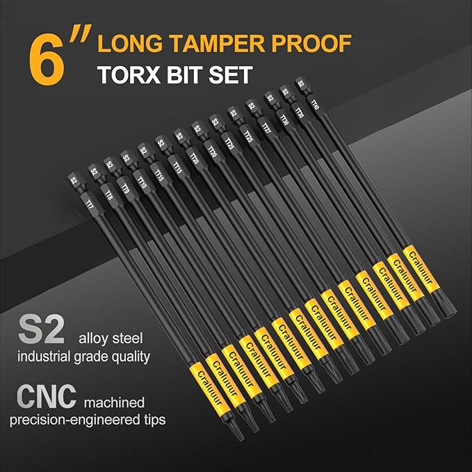 14PCS Impact Long Torx Bit Set, 6-Inch, T7?밫40, Tamper Proof Star Bits Set, Magnetic Security Torx Bit Set with 1/4 Inch Hex Shank, S2 Steel, Ideal for Automotive, DIY, Electronics