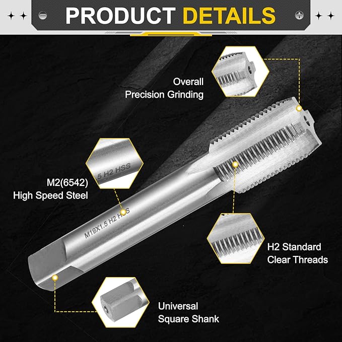 uxcell Hand Plug Tap M19 x 1.5 H2 Metric Thread Plug Style Taps Straight Flute Screw Tapping Threading Tool High Speed Steel HSS6542