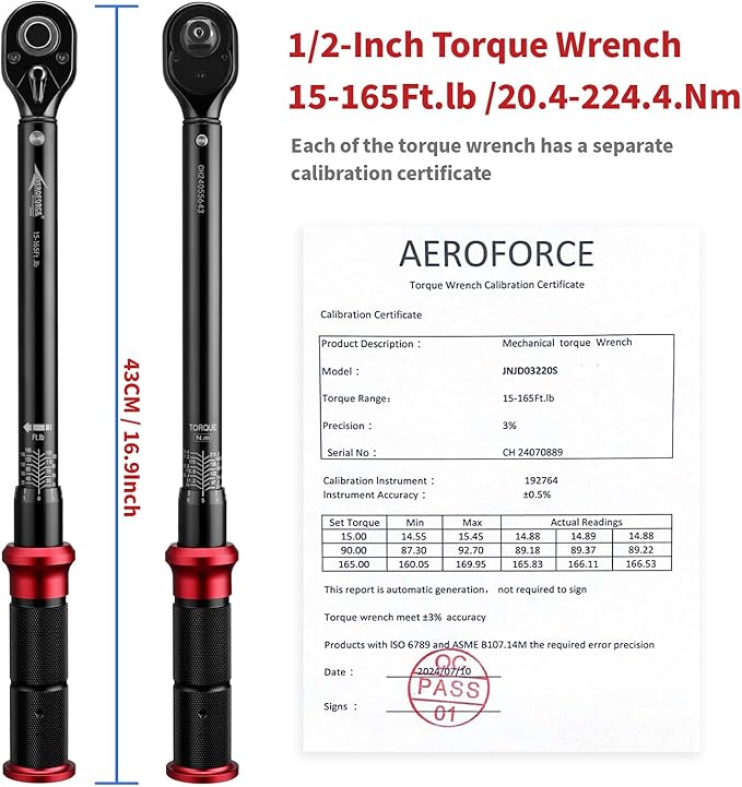 AEROFORCE 1/2-Inch Drive Torque Wrench竊?5-165 lb.ft / 20.4-224.4 Nm),72 Tooth Dual Direction Reversible Ratchet, Dual Range Scales, Precision Calibrated for Bike, Motorcycle and Car Repair