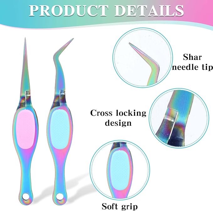 2PCS Stainless Steel Reverse Tweezers for Crafting, Soft Grip Tweezer for Crafting DIY with Curved and Straight Tips, Pointed Needle Nose for Jewelry Making Beading Angled Tweezers