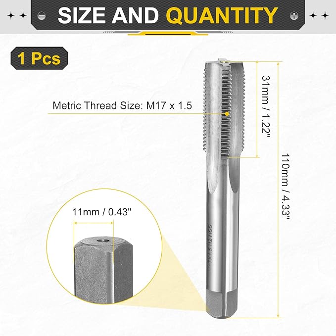uxcell Hand Plug Tap M17 x 1.5 H2 Metric Thread Plug Style Taps Straight Flute Screw Tapping Threading Tool High Speed Steel HSS6542