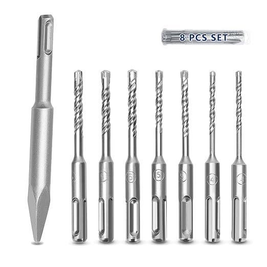 8Pcs 5/32 in 3/16 in 1/4 in SDS Plus Rotary Hammer Drill Bits and Chisel Set, 4.33 inch Length SDS Plus Masonry Drill Bits for Concrete, Brick, Cement，Masonry Work,Length 4.33 inch