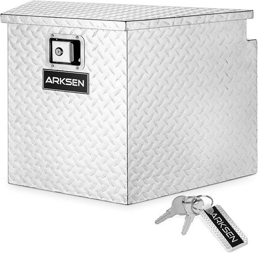 ARKSEN 29 Inch Aluminum Diamond Plate Tongue Box Tool Chest, Waterproof Under Truck Storage for Pick Up Truck Bed, RV Trailer, ATV with Lock and Keys - Silver