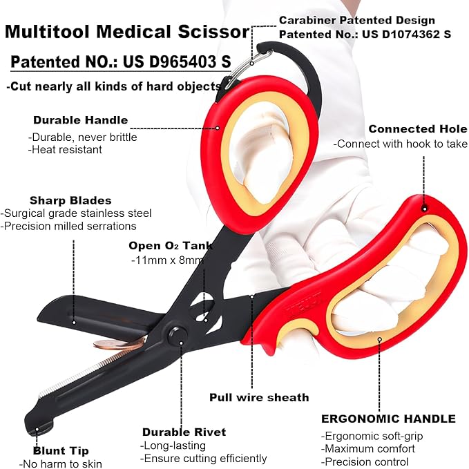 MEUUT 2 Pack Medical Scissors Trauma Shears with Carabiner design, 7.5" Fluoride Coated Non-stick Blades Bandage Scissor for Nurses, EMT, Household, outdoors
