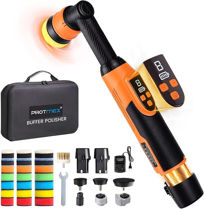 Protmex Mini Buffer Polisher - 12V RO/DA Car Polisher with 8 Variable Speeds - 1.2/1.6/2 Inch Orbital Polisher Machine with 22 Pads - Cordless Mini Polisher for Car Detailing Polishing Waxing, Long