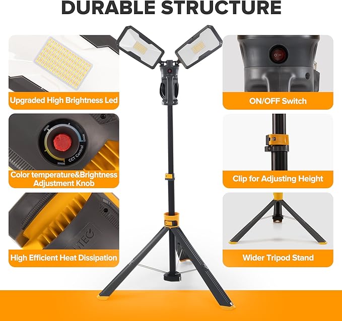 LUTEC ?륶pgraded??6290Max 11000 Lumen 92W Dimmable LED Work Light with Telescoping Tripod, Adjustable Color Temperature Dual-Head Work Light with Stand and 8 Ft 3-Prong Power Cord