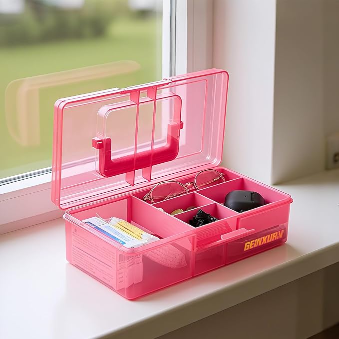 Plastic Tool Box with Lids and Handle,Portable Small Part Organizer Mini Clear Storage Case for Hardware,Screws,Bolts,Nails,Beads,Jewelry and Fishing Accessories Storage,Home DIY(Pink)