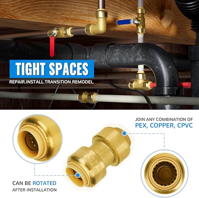 SUNGATOR Pushfit 1/2 Inch Coupling, Push Plumbing Fitting 1/2 Inch, No Lead Brass Push to Connect Pex Pipe, Copper, CPVC, with 1 Disconnect Clip, Pack of 4