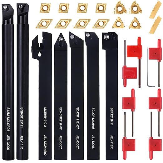 1/2" 12mm Indexable Lathe Turning Tool 21Pcs Kit- 7Pcs Metal Lathe Tools Holder Set with 14Pcs Carbide Insert Turning Inserts for Turning Grooving Boring Threading Cutting.Carbide Lathe Tools.