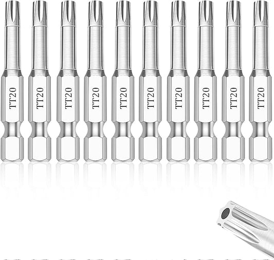 T20 Torx Bits(10-Pack 2 Inch), 1/4 Inch Hex Shank S2 Steel Magnetic Security Tamper Proof star 6 Point Screwdriver bit set