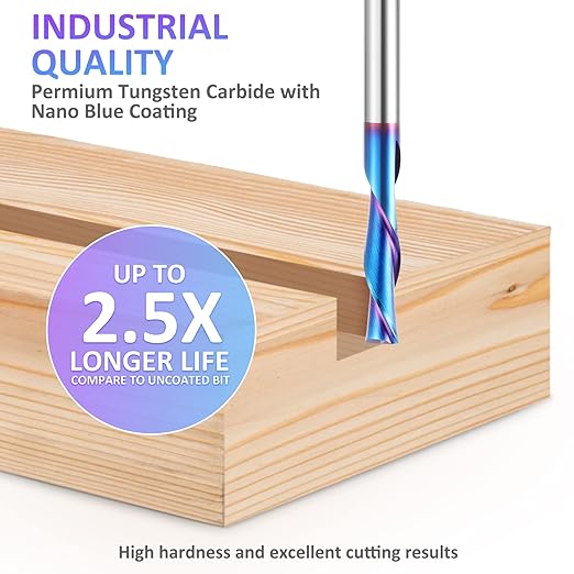 HQMaster Spiral Router Bit Downcut 1/4 Inch Shank Solid Carbide CNC Router Bit with Nano Blue Coating CNC Bits End Mill for Woodwork Mortise Slot Trim, 5 Pack