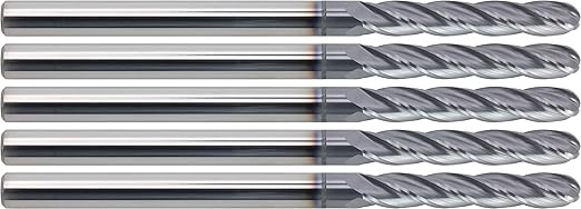 CME 5 pcs Micrograin Carbide End Mills, Ball Nose, TiAlN Coated, 1/4" Mill Diameter, 1 1/2" Length of Cut, 4" Overall Length, 4 Flute, Center Cutting