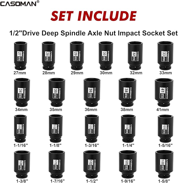 CASOMAN 1/2??Drive Deep Big Impact Socket Set, 21 - Piece Large Spindle Axle Nut Impact Wrench Socket Set, 6 Point, CR-MO, Metric & SAE, 27mm - 41mm, 1-1/16" - 1-5/8"