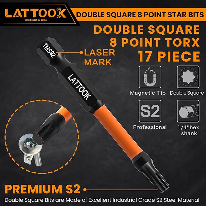 Double Square 8 Point Star Bit Set, LATTOOK 17PCS 8 Point Torx Bits 2 Square Drive Bits, Magnetic S2 Steel Torx Bit Set, 2.3'' & 1'' Long, #1, #2, #3