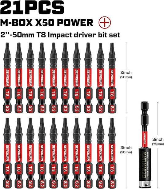 20Pieces 2inches T8 Impact Tough Magnetic Screwdriver Bit Set, #8 Torx Head Power Bits, S2 Alloy Steel Star Bits with 1pc Bit Holder and Storage M-Box