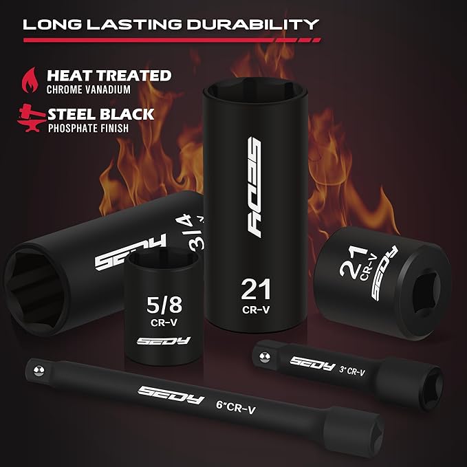 3/8" Drive Impact Socket Set - 49-Piece SAE (5/16 to 3/4 inch) and Metric (8-22mm) Sizes with Extension Bars and Universal Joint Standard & Deep CR-V Material for High Durability Impact Wrench